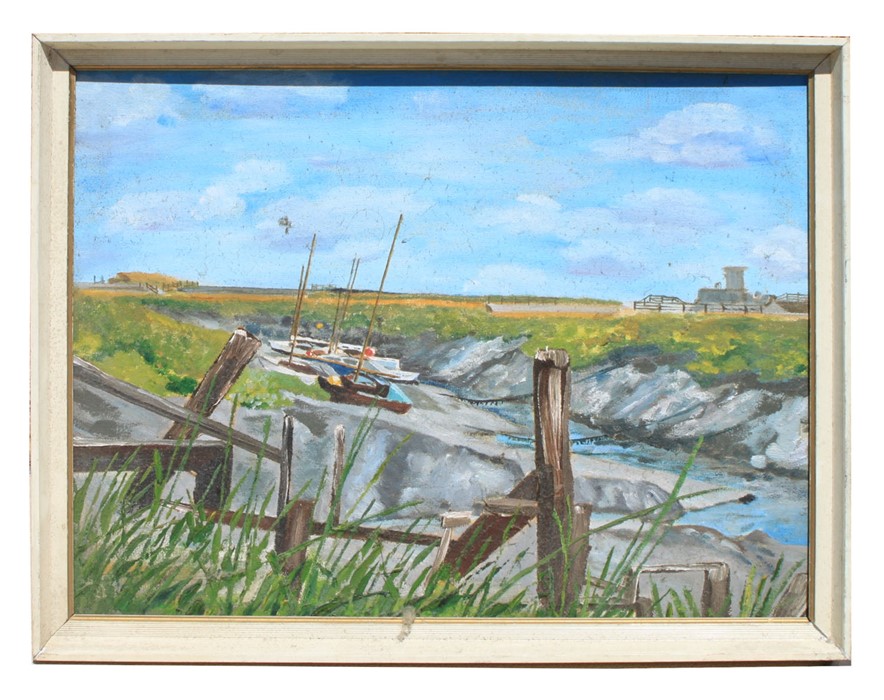 E M Shirley (mid 20th century British) - Boats on the Pill, Cleveden - signed lower left, oil on