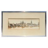 Continental Town River Scene - a print highlighted with sepia watercolour, indistinctly signed and