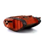 A huge wooden trench art WW1 Tank with moving machine guns. Overall length 30.5cms (12ins)