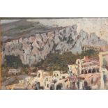 Continental school - Italian Mountainous Town Scene - oil on board, framed, 23 by 15cms (9 by