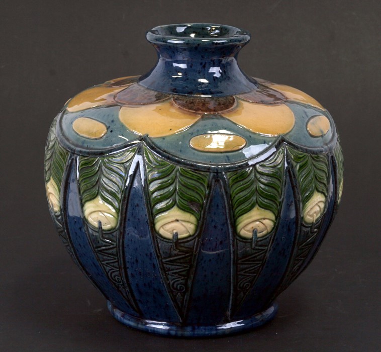 An early 20th century Belgium Art pottery vase, 23cms (9ins) high; together with a mottled green