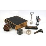 Assorted collectables including an 1855 Family Bible, a brass & wood vintage fishing reel, food