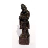 A Chinese carved soapstone figure of a man holding a staff. 11.5cm (4.5ins) high