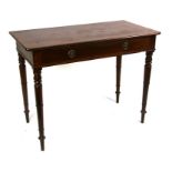 A 19th century mahogany side table with single frieze drawer, on turned legs, 99cms (39ins) wide.