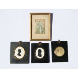 A pair of 19th century portrait miniature silhouettes; together with two portrait miniature prints.
