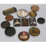 A quantity of antique painted box lids and boxes (a/f).