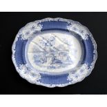 A large 19th century blue & white transfer printed meat plate with gravy well, decorated with