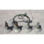 Five vintage street lamps / lights, having cast iron fittings with galvanised shades. Four shades