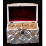 A 19th century mother of pearl two-division tea caddy, 14cms (5.5ins) wide.