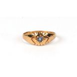 A Victorian gold Gypsy ring set with a single pale blue sapphire, approx UK size 'I'. 1.3g