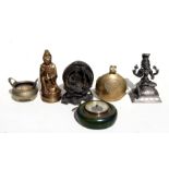 A Chinese brass two-handled censer; together with a bronze figure of Guanyin; a cast figure of a