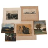 A quantity of unframed watercolour paintings and etchings to include William Maliphant and Johan