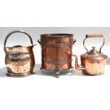 A large 19th century copper kettle; together with a copper coal scuttle,; a copper log bin and other