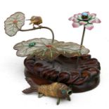 A Chinese filigree and enamel group depicting a fish, lily pads and a perching kingfisher, 23cms (