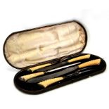 A Victorian five piece ivory handled and silver mounts carving set, boxed.