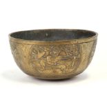 A Chinese bronze bowl decorated with figures, six character mark to the underside, 25cms (9.75ins)