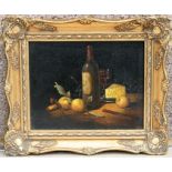 D Beuss (20th century school) - Still Life of Wine, Fruit and Cheese - oil on canvas, framed, 24