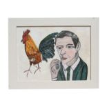 Vivian Strauss - Portrait of a Man Smoking with a Cockerel - oil on board, Bell Fine Art label to