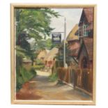 P Rambridge - Country Lane with an Inn - oil on board, framed, 25 by 29cms (9.75 by 11.5ins).