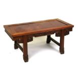 A Chinese hardwood low table with carved legs and frieze, 91cms (35.5ins) wide.Condition