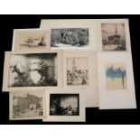 A group of unframed etchings to include Alfred J Bennett, John B Souter and Clifford Hall (8).