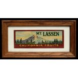 A advertising print depicting 'Mount Lassen, California Fruits' framed & glazed, 28 by 10cms (11