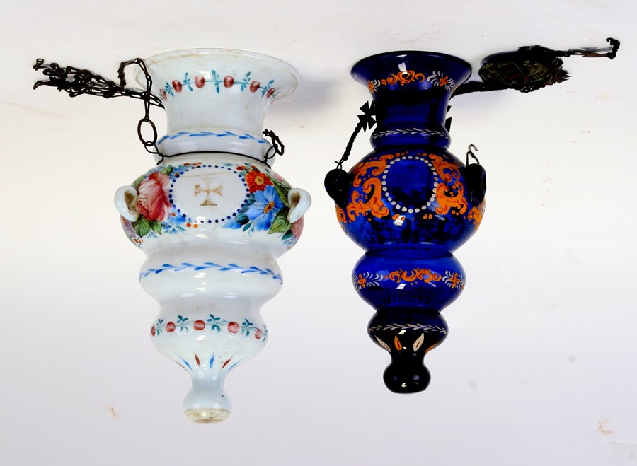 Two 19th century Bohemian glass chancery lamps decorated with crosses and foliate scrolls, the