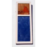 A Rowley Gallery Arts & Crafts mirror with inset square marquetry panel depicting a sailing boat