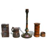 A 19th century treen spice tower, 19cms (7.5ins) high; together with a Scandinavian carved and