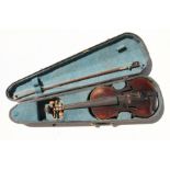 A one-piece backed violin and bow in wooden case.