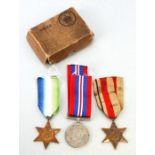 A WW2 Medal trio consisting of the 39/45 Star, Atlantic Star and War Medal in their posting box
