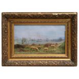 19th century school - Rural Scene with a Figure and Sheep - indistinctly signed lower right, oil