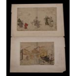 Two 17th century Japanese woodblock prints, unframed, 37 by 23cms (14.5 by 9ins).