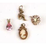 Four 9ct gold pendants; together with a Cornish Pixie, a cameo, pearl and pink quartz. 5.0G