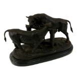 After Mene - a bronze group of a bull and a cow separated by a gate, on an oval marble plinth, 48cms