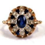 A 9ct gold cluster dress ring set with white & blue stones, approx UK size 'P'. 4.6g