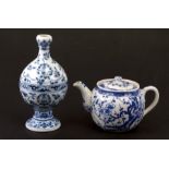 A Japanese blue & white teapot decorated with prunus with six character blue mark to the