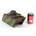 A large wooden WW1 American camoflaged tank with turret and machine guns. Overall length 28cms (