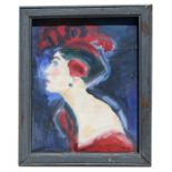 Mid 20th century school - The Red Hat - oil on fabric, framed, 19 by 24cms (7.5 by 9.5ins).