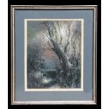 Olga Miksche (early 20th century school) - Moonlit River Scene - gouache, framed & glazed, 25 by