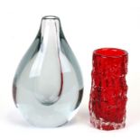 A Whitefriars red textured bark cylindrical vase, 15cms (6ins) high; together with an Art glass