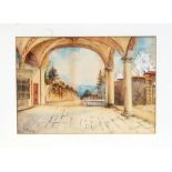 E Dudley- Lampey - Continental Courtyard Scene with Mountains in the Background - signed lower left,