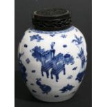 A Chinese blue & white vase decorated with precious objects, with later pierced wooden cover,