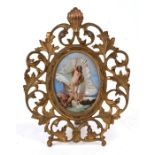 A 19th century oval portrait miniature - The Birth of Venus - oil on panel in an ornate gilt metal