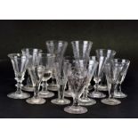 A group of 18th and 19th century small size wine glasses, mostly of conical form.