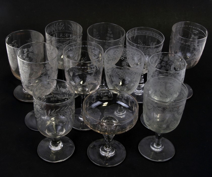 A group of 18th and 19th century wine glasses, mostly with etched decoration; together with a set of - Image 2 of 4