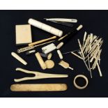 A mixed lot of 19th and early 20th century bone items to include an aide de memoir, whistle, and