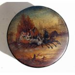 A 19th century Russian lacquer snuff box, the top decorated with a Troika scene, with red