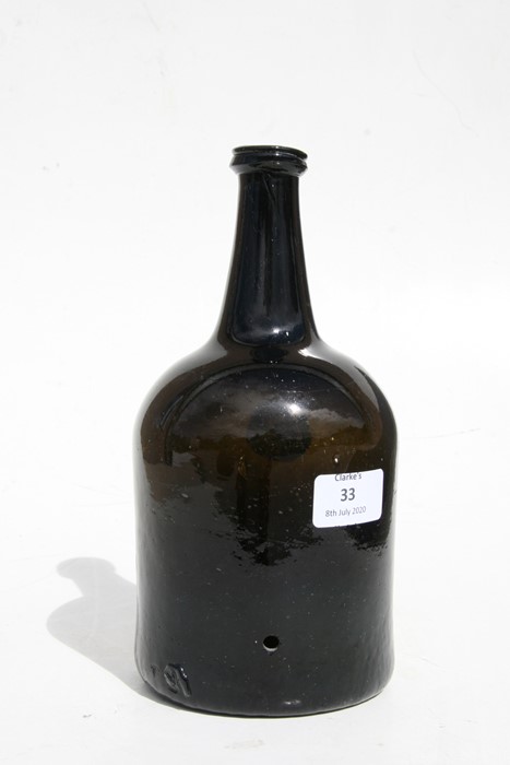 An 18th century dark amber glass seal bottle, initialled 'IN' and dated 1772, 23cms (9ins) high. - Image 5 of 7