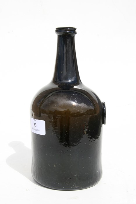 An 18th century dark amber glass seal bottle, initialled 'IN' and dated 1772, 23cms (9ins) high. - Image 4 of 7